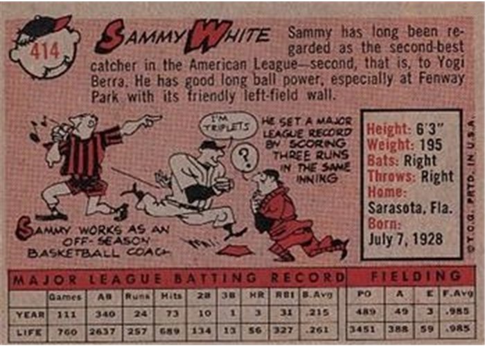 1958 Topps #414 Sammy White, Boston Red Sox card back