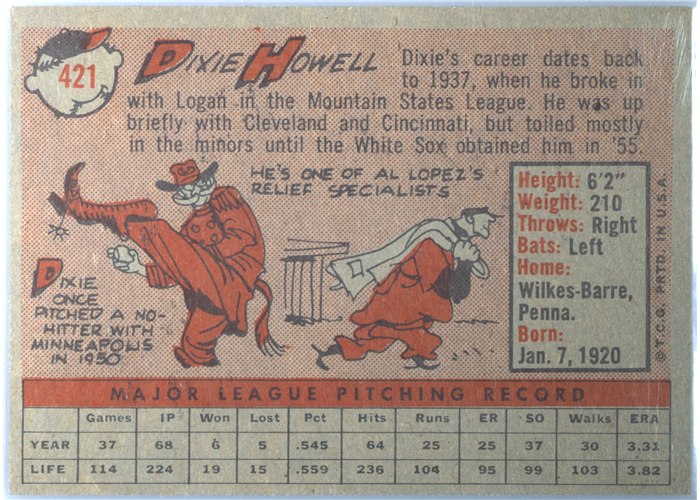 1958 Topps #421 Dixie Howell, Chicago White Sox card back