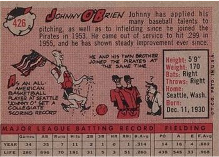 1958 Topps #426 Johnny O'Brien, Pittsburgh Pirates card back