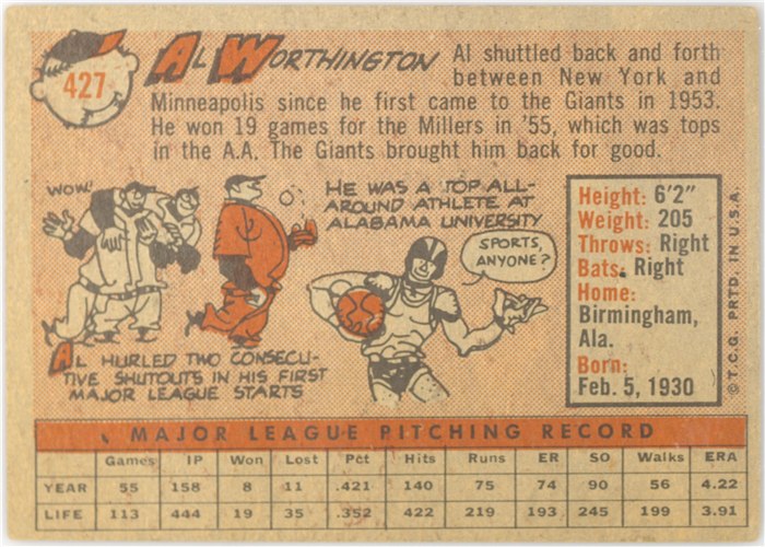1958 Topps #427 Al Worthington, San Francisco Giants card back