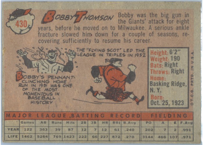 1958 Topps #430 Bobby Thomson, Chicago Cubs card back