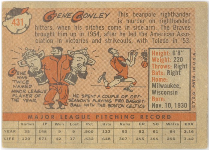 1958 Topps #431 Gene Conley, Milwaukee Braves card back