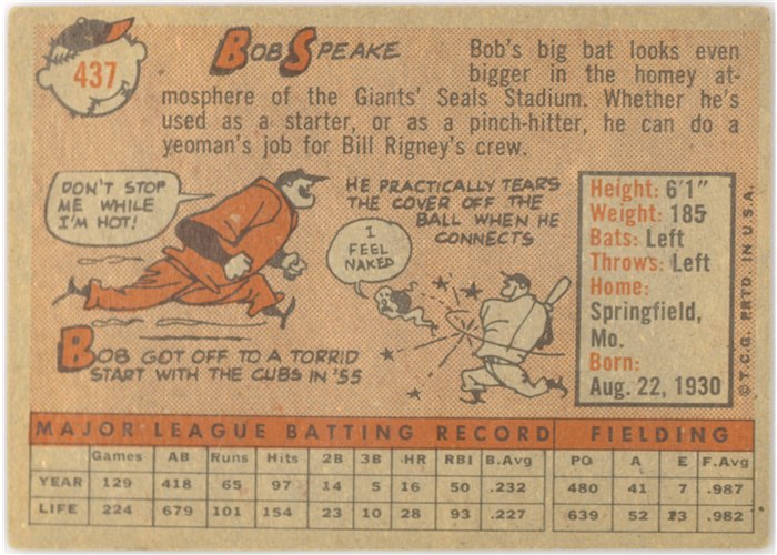 1958 Topps #437 Bob Speake, San Francisco Giants card back