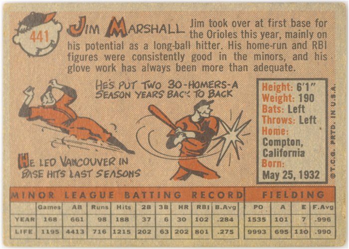 1958 Topps #441 Jim Marshall, Baltimore Orioles card back