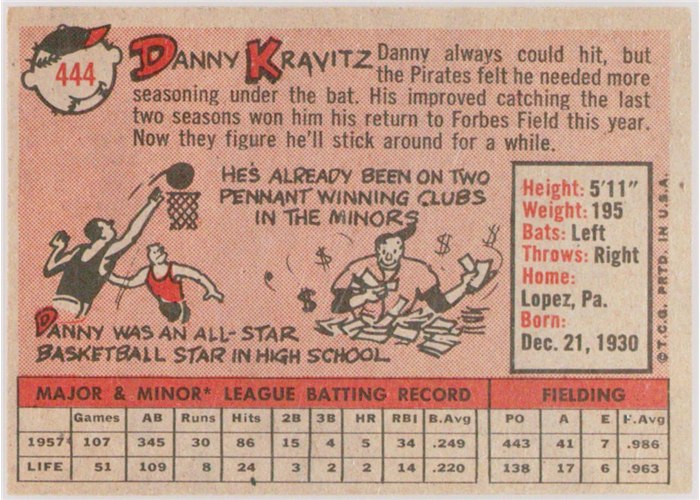1958 Topps #444 Danny Kravitz, Pittsburgh Pirates card back