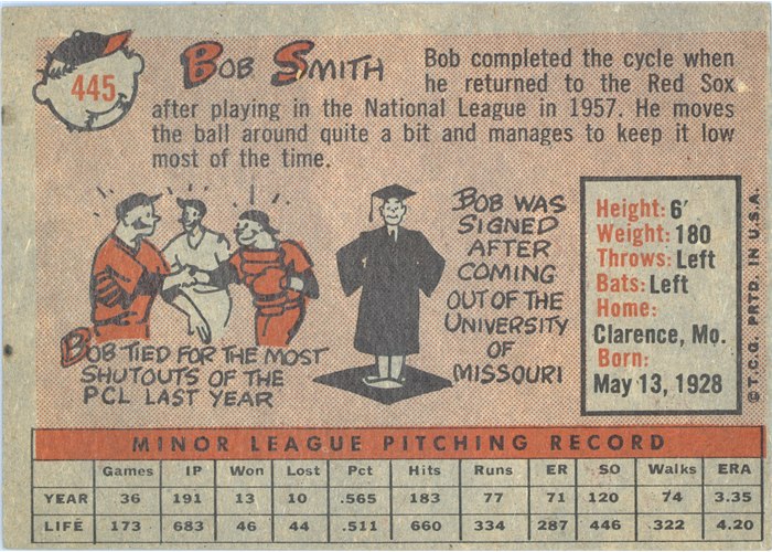 1958 Topps #445 Bob Smith, Boston Red Sox card back