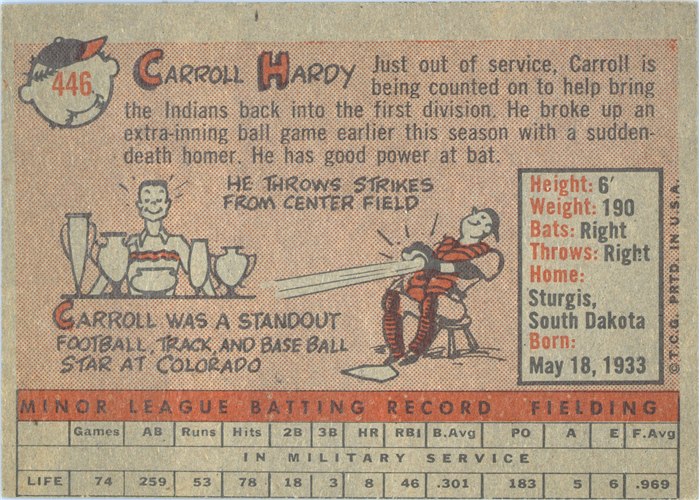 1958 Topps #446 Carroll Hardy, Cleveland Indians card back