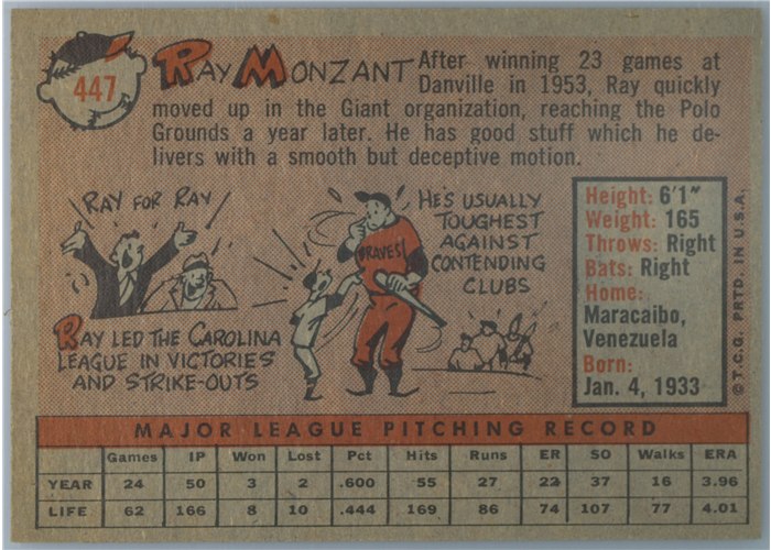 1958 Topps #447 Ray Monzant, San Francisco Giants card back