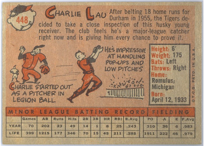 1958 Topps #448 Charlie Lau, Detroit Tigers card back