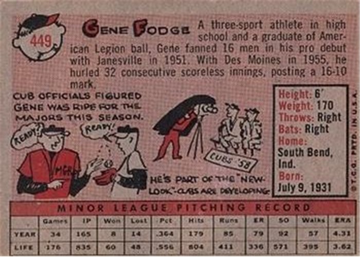1958 Topps #449 Gene Fodge, Chicago Cubs card back