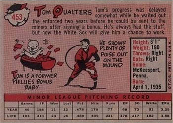 1958 Topps #453 Tom Qualters, Chicago White Sox card back