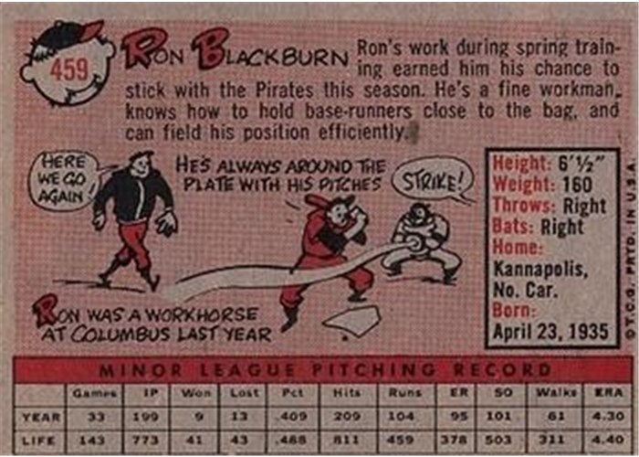 1958 Topps #459 Ron Blackburn, Pittsburgh Pirates card back