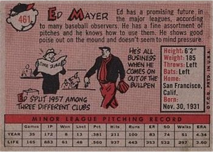 1958 Topps #461 Ed Mayer, Chicago Cubs card back