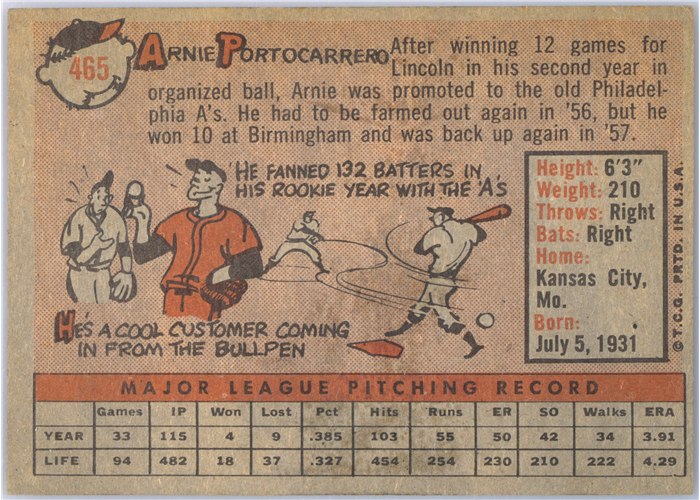 1958 Topps #465 Arnie Portocarrero, Baltimore Orioles card back