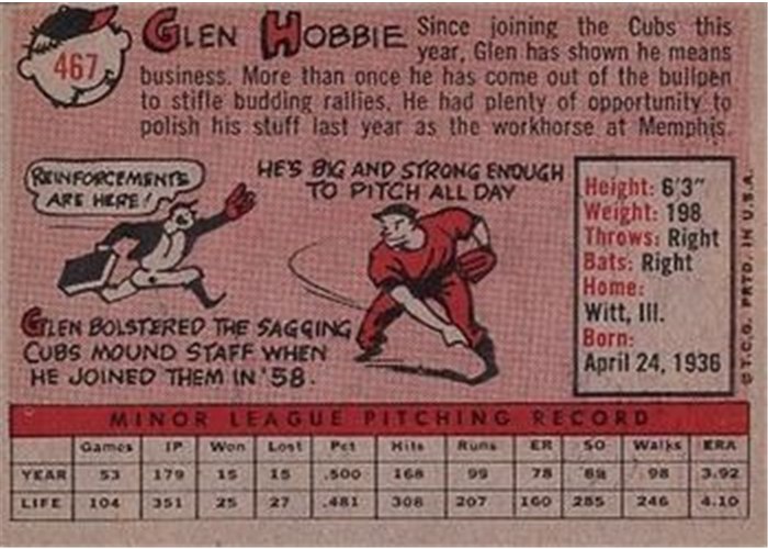 1958 Topps #467 Glen Hobbie, Chicago Cubs card back