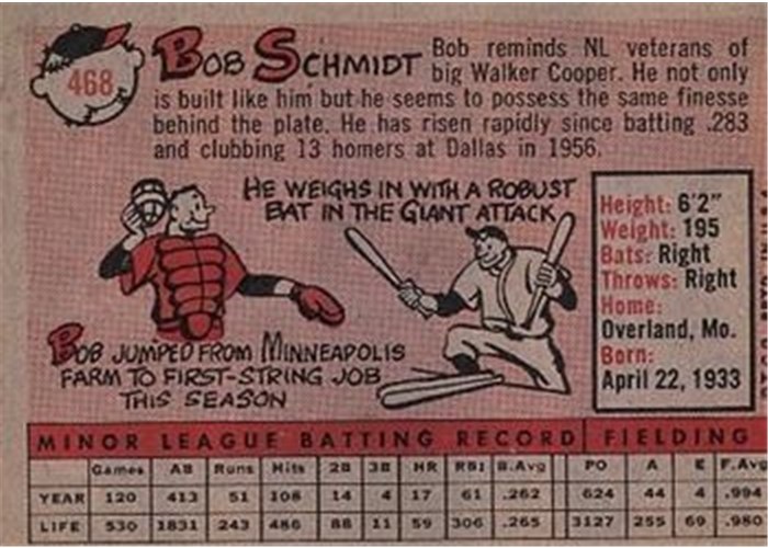 1958 Topps #468 Bob Schmidt, San Francisco Giants card back