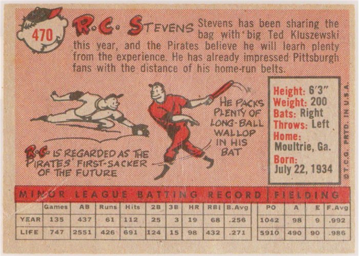 1958 Topps #470 R.C. Stevens, Pittsburgh Pirates card back