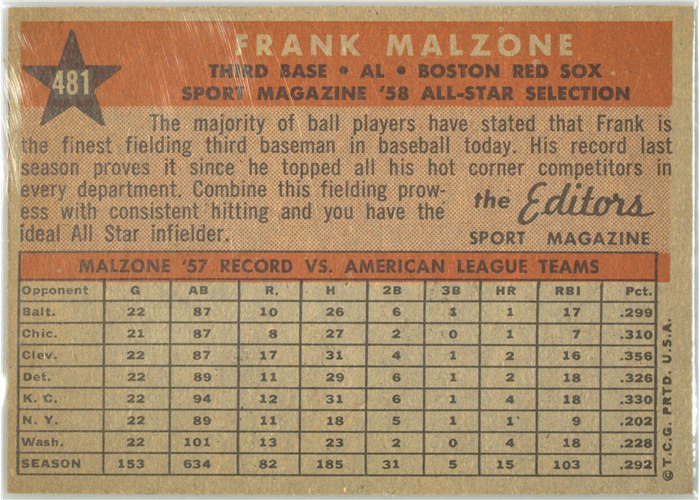 1958 Topps #481 Frank Malzone, Boston Red Sox card back