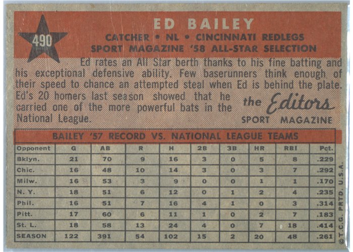 1958 Topps #490 Ed Bailey, Cincinnati Reds card back