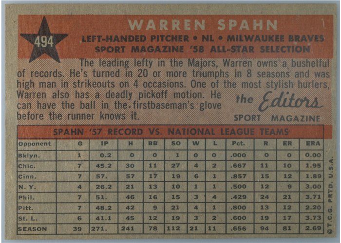 1958 Topps #494 Warren Spahn, Milwaukee Braves card back