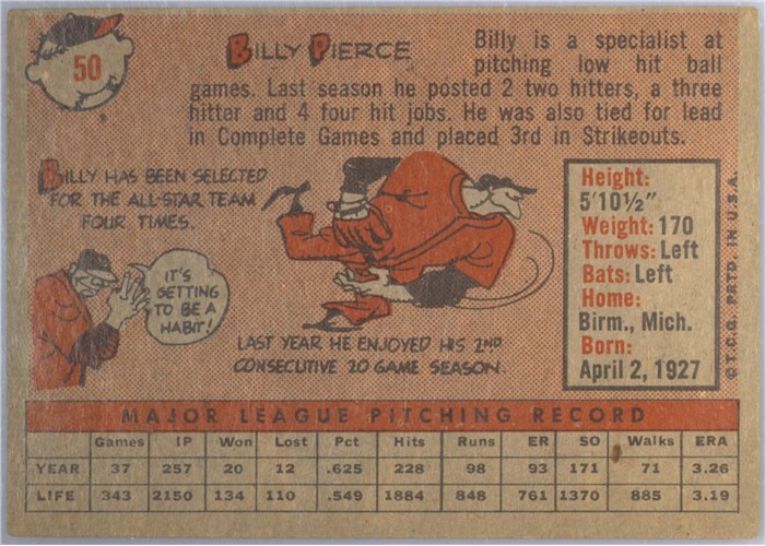 1958 Topps #50B Billy Pierce, Chicago White Sox, Yellow Team variation card back