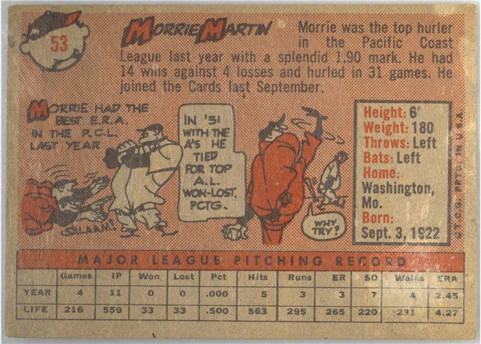 1958 Topps #53B Morrie Martin, St. Louis Cardinals, Yellow Name variation card back