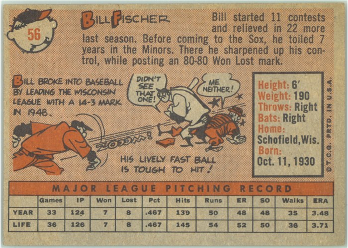 1958 Topps #56 Bill Fischer, Chicago White Sox card back