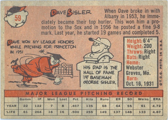 1958 Topps #59 Dave Sisler, Boston Red Sox card back