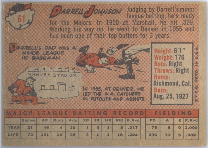 1958 Topps #61B Darrell Johnson, New York Yankees, Yellow Name variation card back