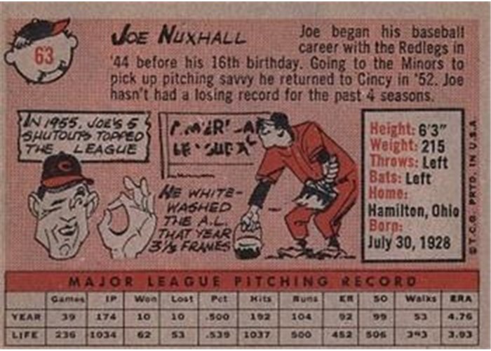 1958 Topps #63 Joe Nuxhall, Cincinnati Reds card back
