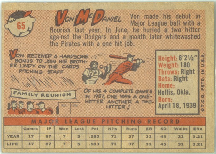 1958 Topps #65 Von McDaniel, St. Louis Cardinals card back