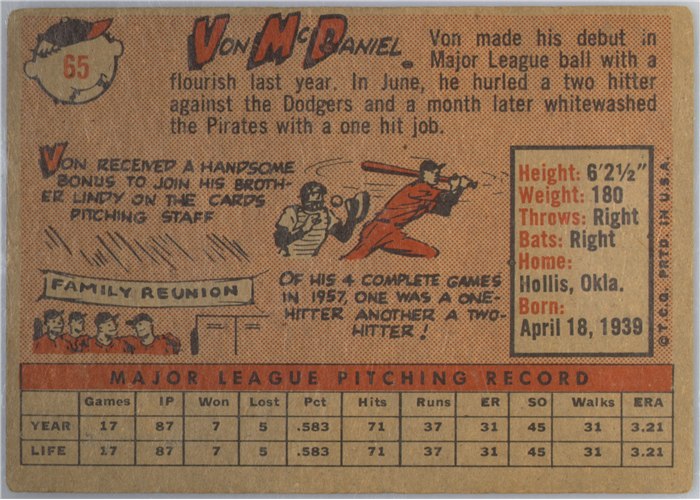1958 Topps #65B Von McDaniel, St. Louis Cardinals, Yellow Name variation card back