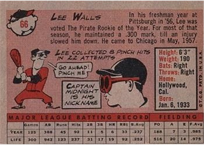 1958 Topps #66 Lee Walls, Chicago Cubs card back