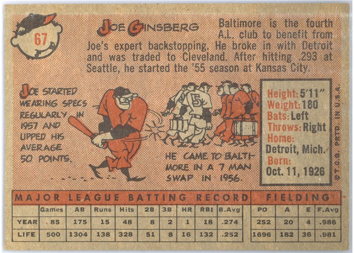 1958 Topps #67 Joe Ginsberg, Baltimore Orioles card back