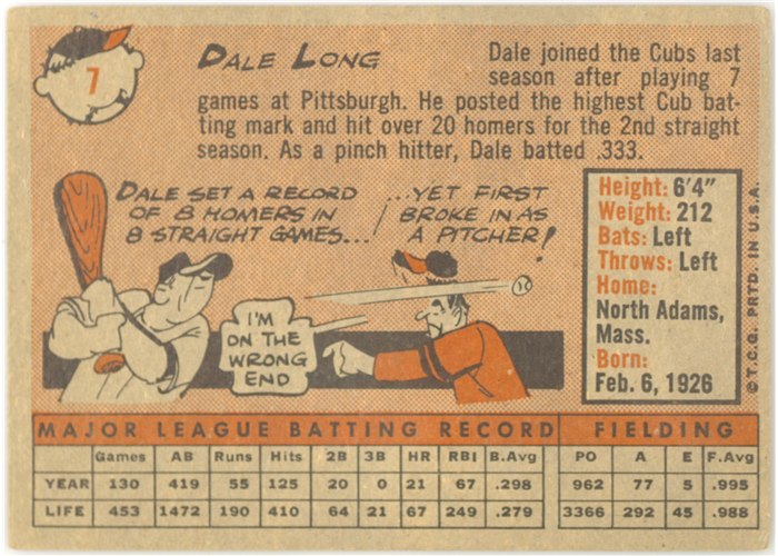 1958 Topps #7 Dale Long, Chicago Cubs card back