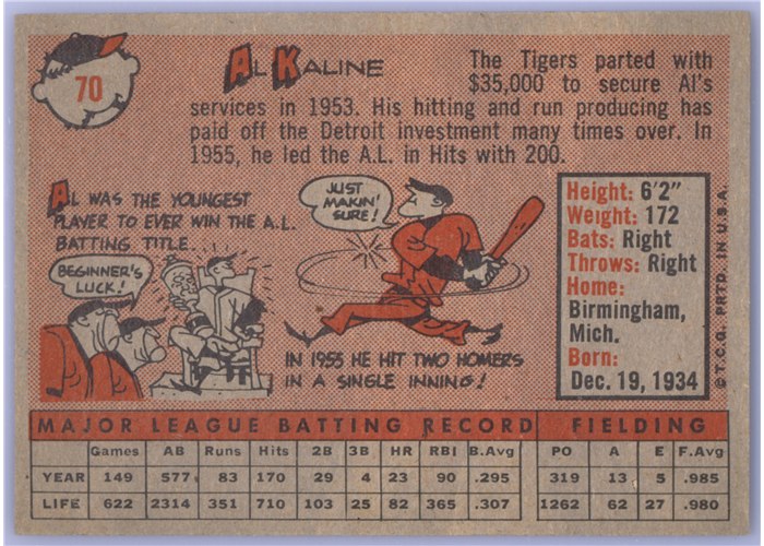 1958 Topps #70 Al Kaline, Detroit Tigers card back