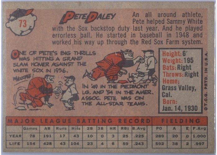 1958 Topps #73 Pete Daley, Boston Red Sox card back