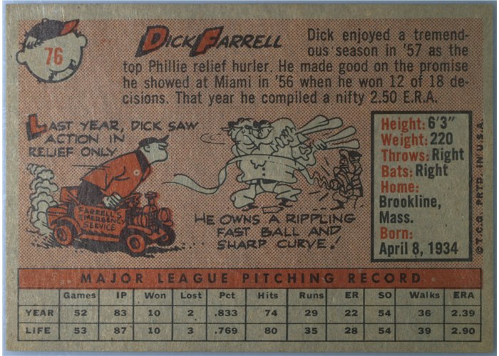 1958 Topps #76B Dick Farrell, Philadelphia Phillies, Yellow Team variation card back
