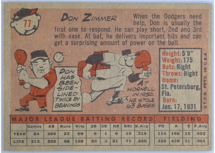 1958 Topps #77B Don Zimmer, Los Angeles Dodgers, Yellow Team variation card back