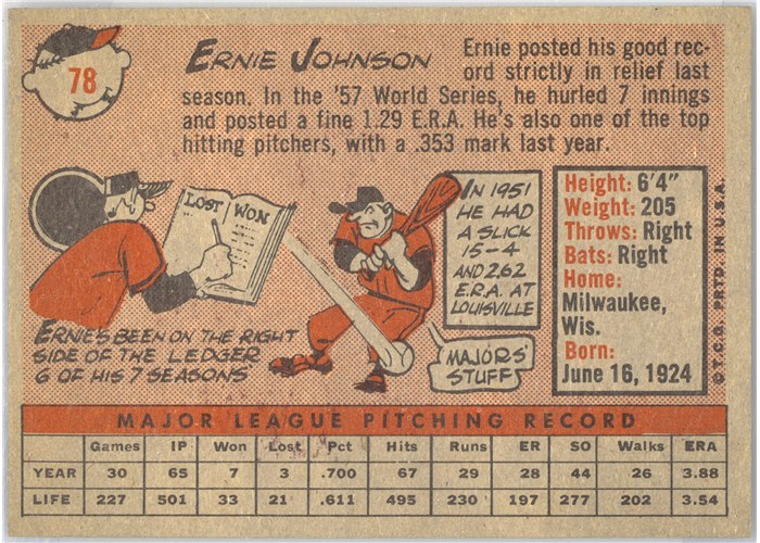 1958 Topps #78 Ernie Johnson, Milwaukee Braves card back