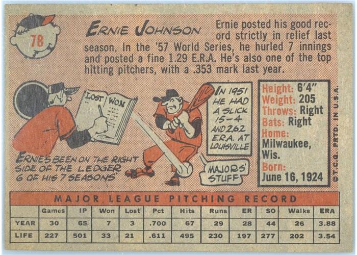 1958 Topps #78B Ernie Johnson, Milwaukee Braves, Yellow Name variation card back