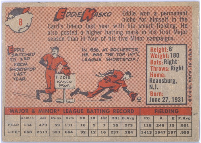 1958 Topps #8 Eddie Kasko, St. Louis Cardinals card back