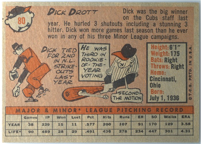 1958 Topps #80 Dick Drott, Chicago Cubs card back