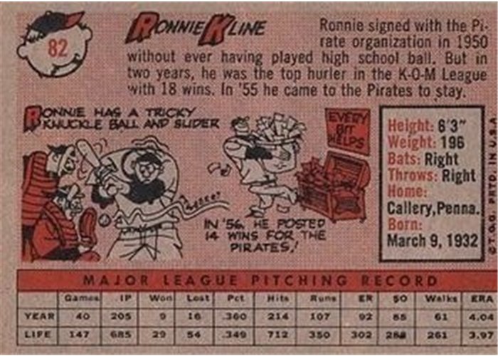 1958 Topps #82 Ron Kline, Pittsburgh Pirates card back