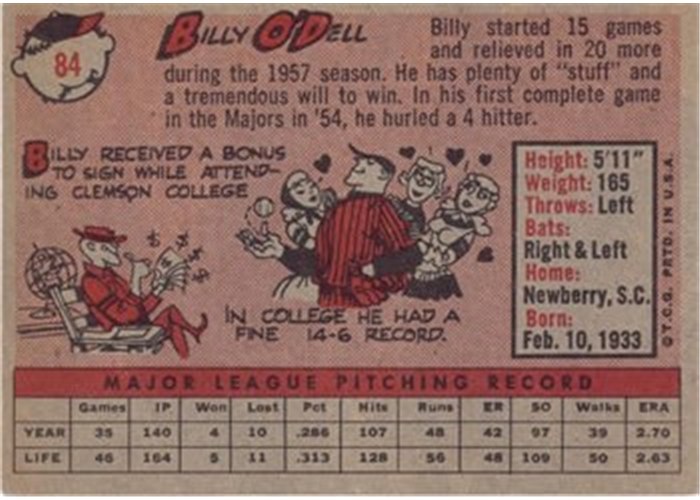 1958 Topps #84 Billy O'Dell, Baltimore Orioles card back