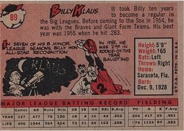 1958 Topps #89 Billy Klaus, Boston Red Sox card back