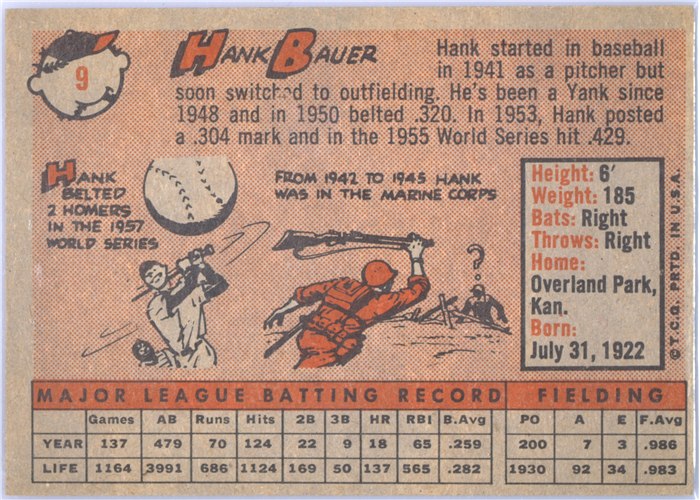 1958 Topps #9 Hank Bauer, New York Yankees card back
