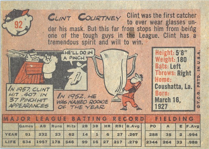 1958 Topps #92 Clint Courtney, Washington Senators card back