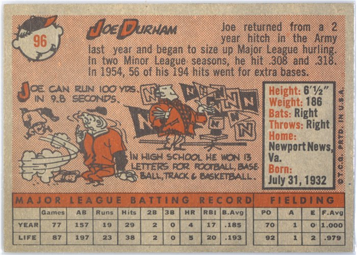 1958 Topps #96 Joe Durham, Baltimore Orioles card back