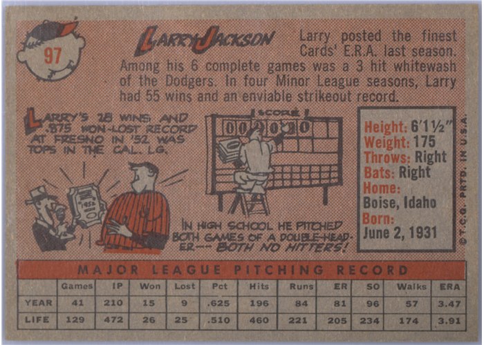 1958 Topps #97 Larry Jackson, St. Louis Cardinals card back